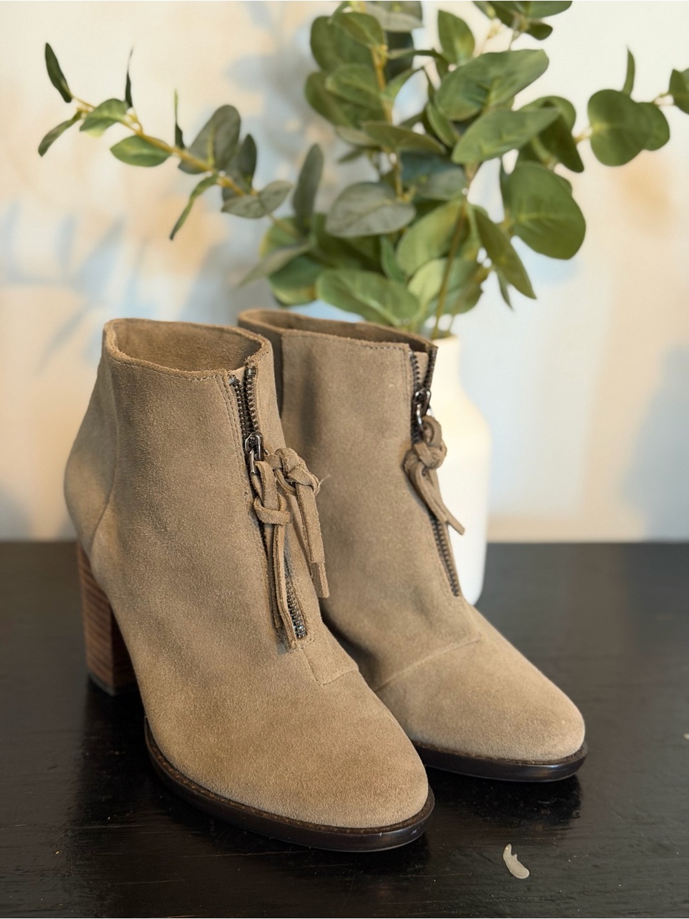 Neiman Marcus Taupe Suede Front-Zip Ankle Booties
